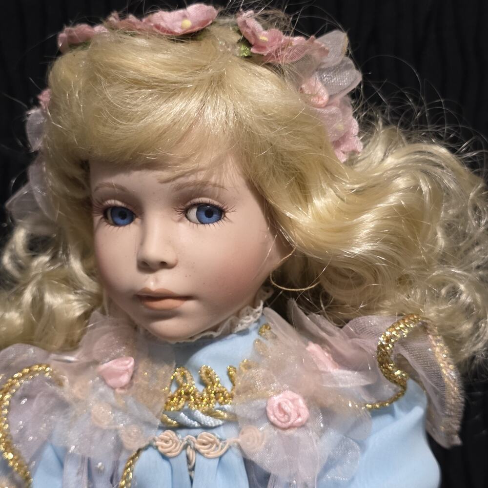 Vintage Porcelain Girl Doll 16" Blonde Blue Eyes Light Blue Dress Floral Headban